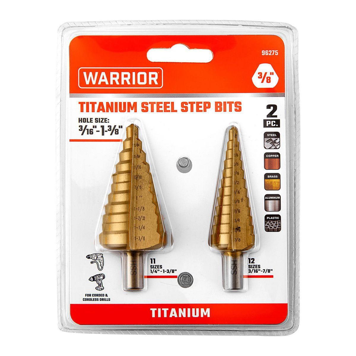 Broca escalonada de titanio Warrior 3/16 in. - 1-3/8 in. #4 (12 pasos) y #5 (11 pasos) - 96275.