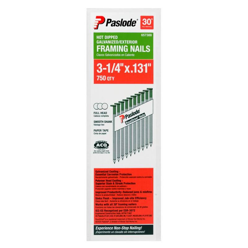 Paslode 3-1/4 in. x 0.131 in. Round Drive 30° Steel Galvanized Smooth Shank Paper Tape Framing Nails (750 per Box) - 657388
