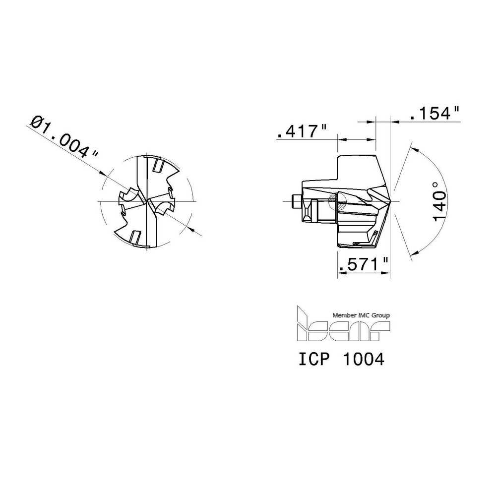 Iscar Replaceable Drill Tips: ICP1004 IC908, 1.0040" Dia, 25.50 mm Dia, 140 deg Point,  IC908 - 5506662
