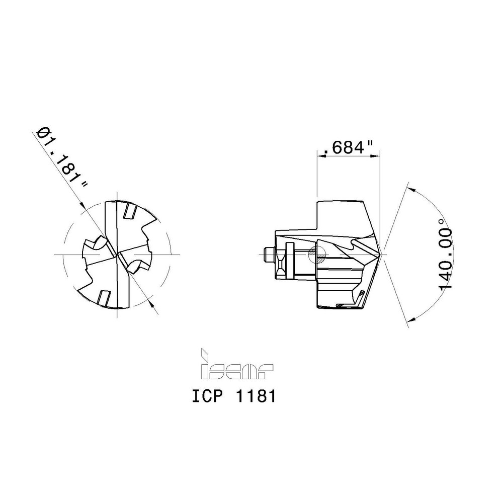 Iscar Replaceable Drill Tips: ICP1181 IC908, 1.1810" Dia, 30.00 mm Dia, 140 deg Point,  IC908 - 5506676
