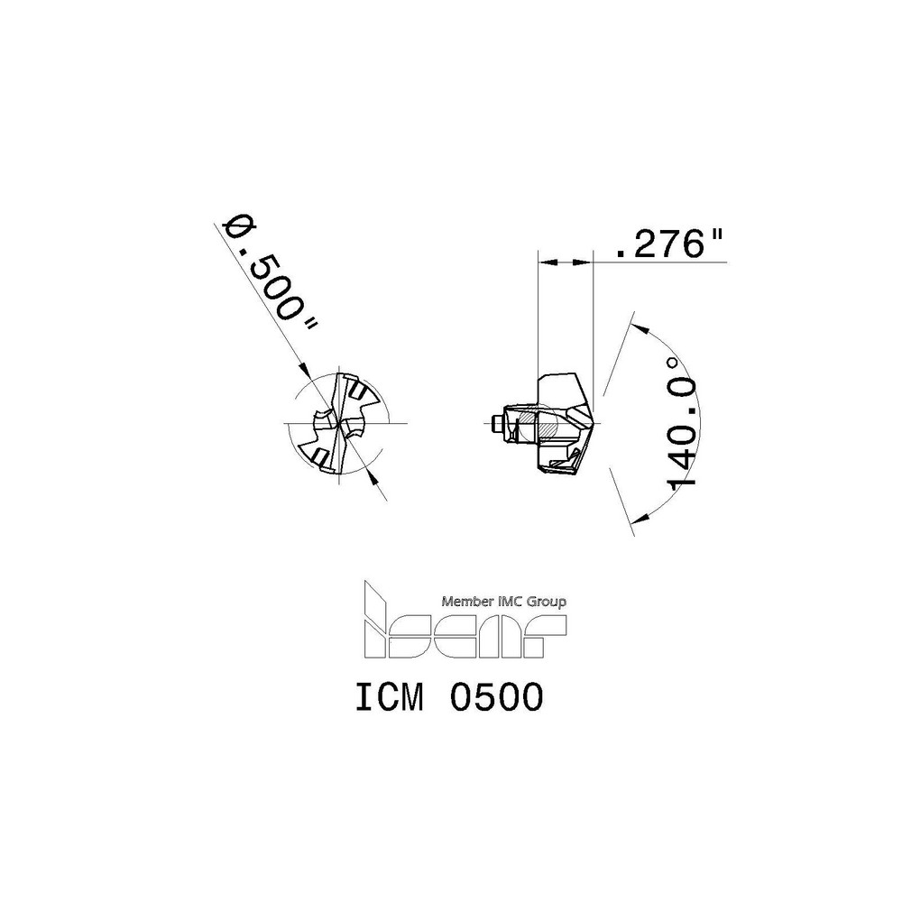 Iscar Replaceable Drill Tips: ICM0500 IC907, 0.5004" Dia, 12.71 mm Dia, 140 deg Point,  IC908 - 5567153