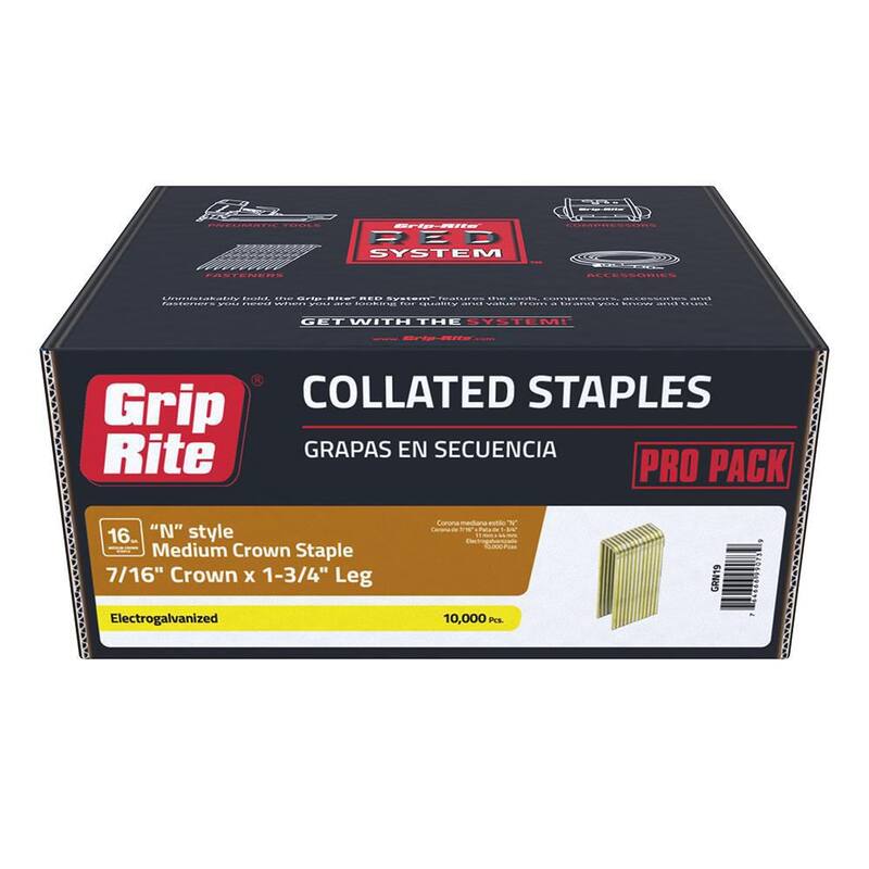 Grip-Rite 7/16 x 1-3/4 in. 16-Gauge Electrogalvanized N-Style Medium Crown Staples 10000 per Box - GRN19