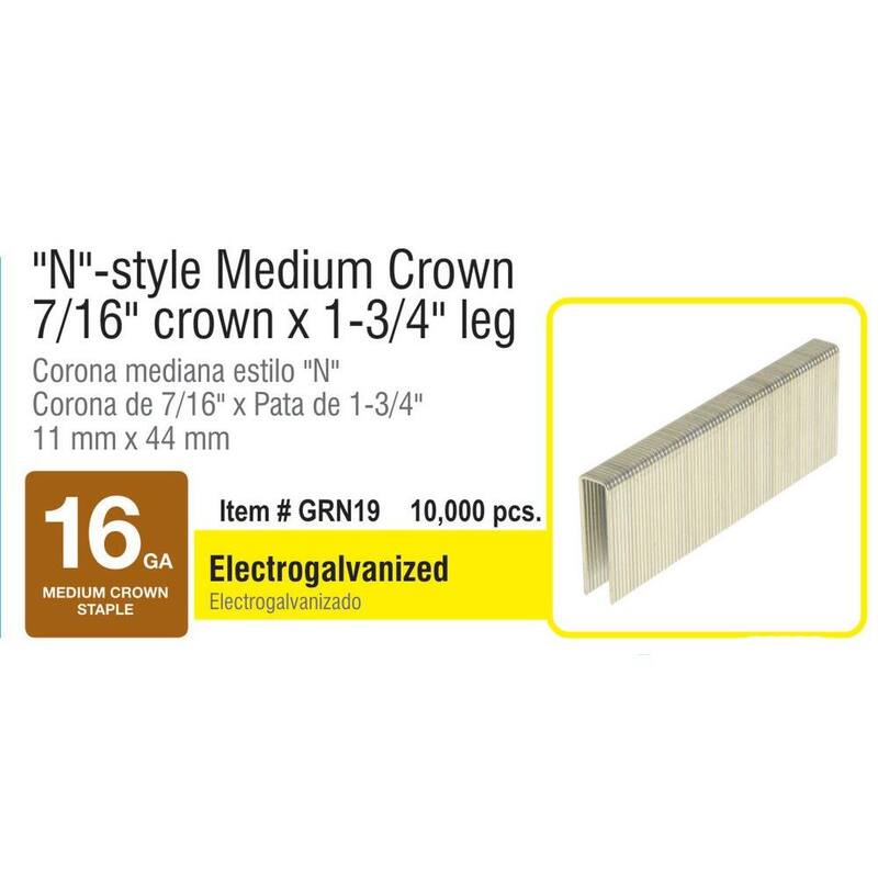 Grip-Rite 7/16 x 1-3/4 in. 16-Gauge Electrogalvanized N-Style Medium Crown Staples 10000 per Box - GRN19