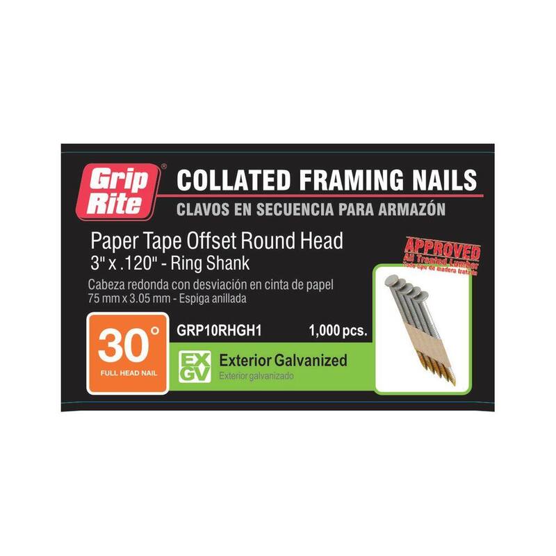 Grip-Rite 3 in. x 0.120 in. 30° Paper Collated Exterior Galvanized Ring Shank Framing Nails 1000 per Box - GRP10RHGH1