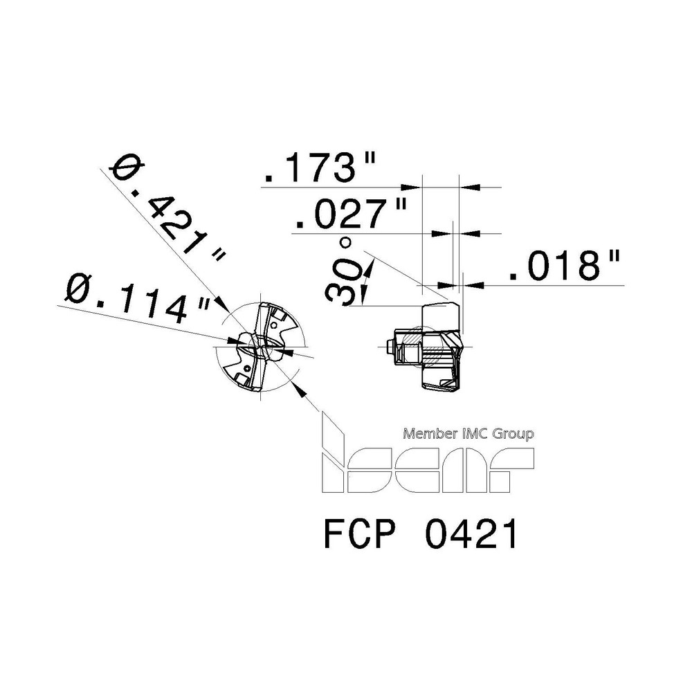 Iscar Replaceable Drill Tips: FCP0421 IC908, 0.4216" Dia, 10.71 mm Dia, 140 deg Point,  IC908 - 5568089