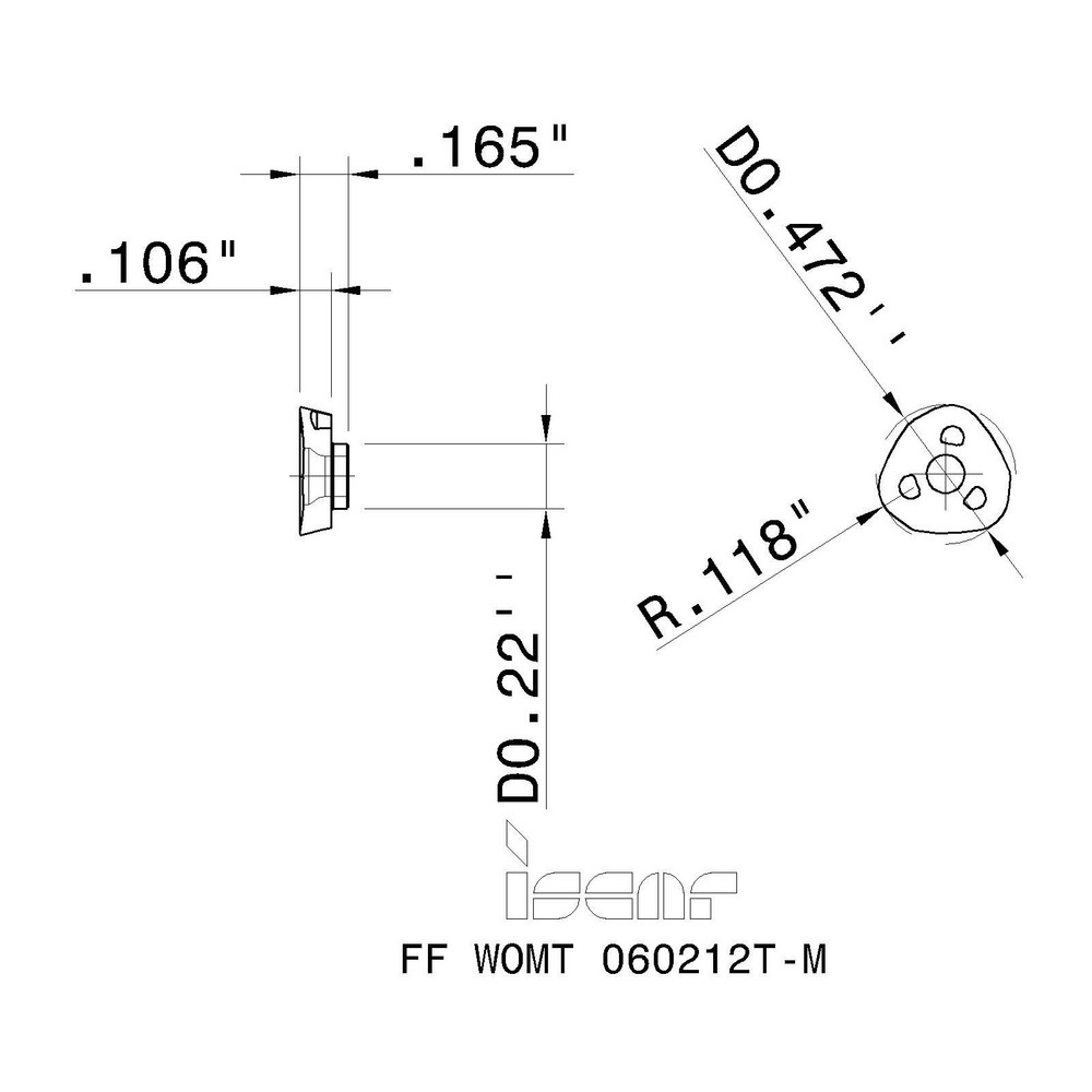 Iscar Milling Insert: ANSI FF WOMT 060212T-M IC908, ISO FF WOMT 060212T-M, IC908, Solid Carbide - 5604584