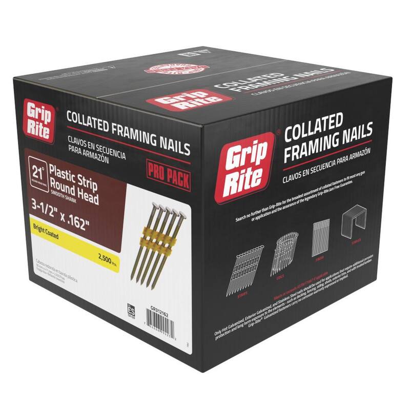 Grip-Rite 3-1/2 in. x 0.162 in. 21° Plastic Collated Bright Coated Smooth Shank Round Head Framing Nails 2500 per Box - GR312162