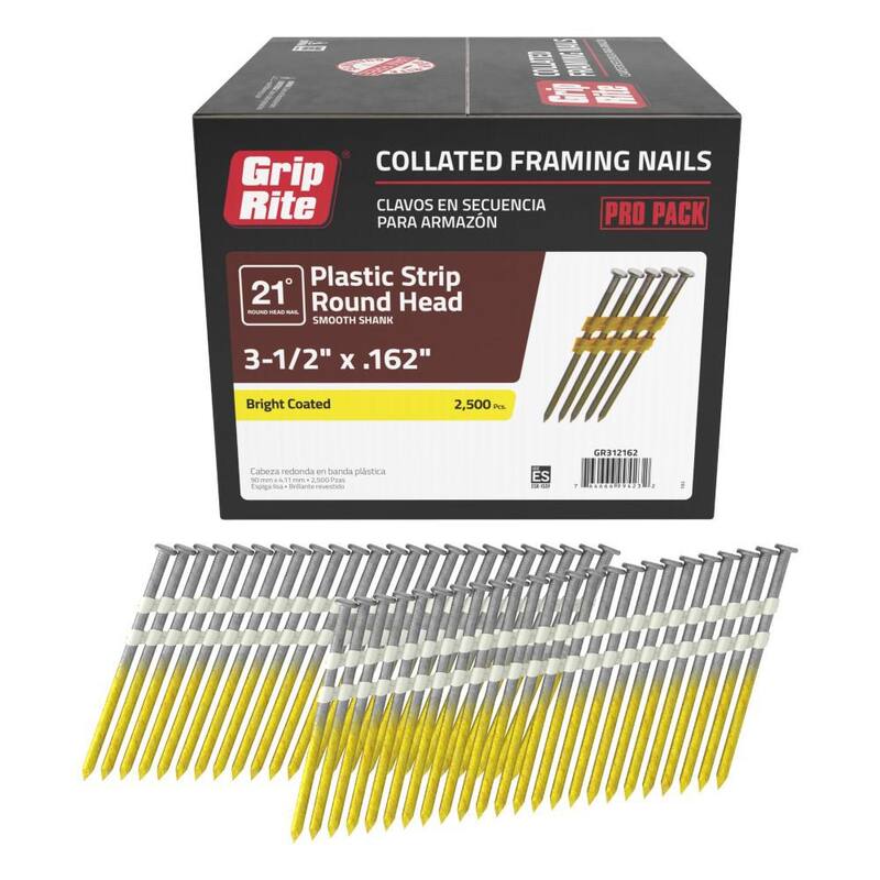 Grip-Rite 3-1/2 in. x 0.162 in. 21° Plastic Collated Bright Coated Smooth Shank Round Head Framing Nails 2500 per Box - GR312162