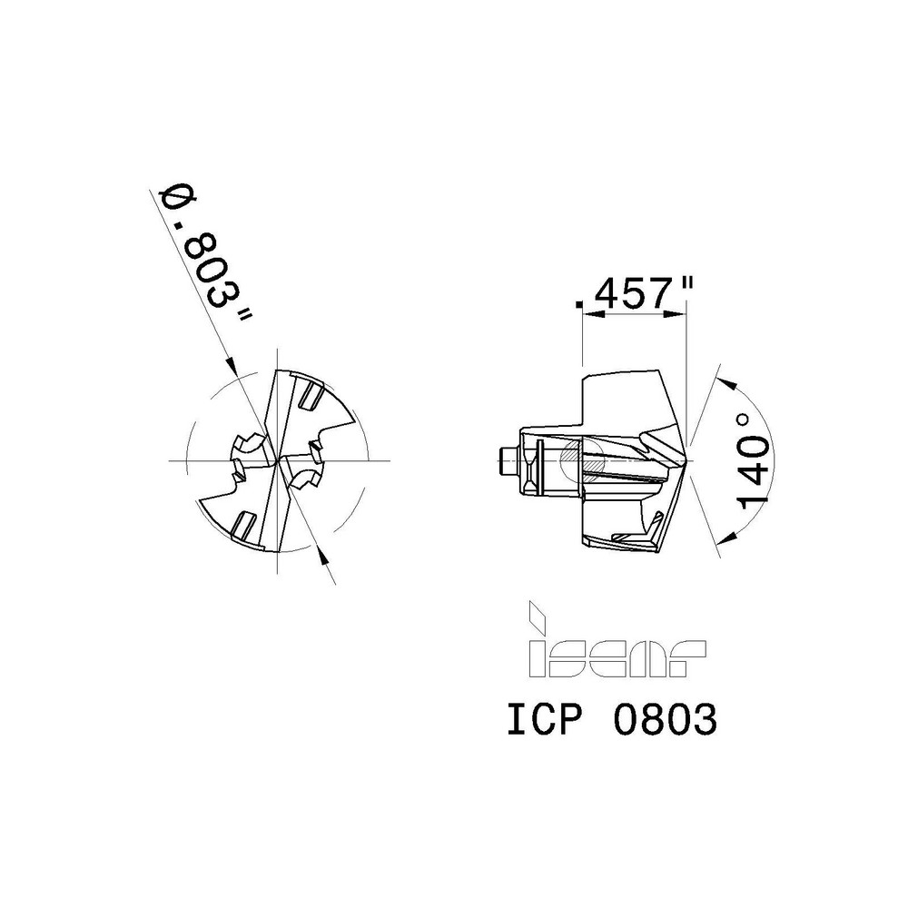 Iscar Replaceable Drill Tips: ICP0803 IC908, 0.8030" Dia, 20.40 mm Dia, 140 deg Point,  IC908 - 5509090