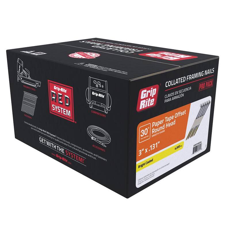Grip-Rite 3 in. x 0.131 in. 30° Paper Collated Bright Coated Smooth Shank Offset Round Head Nails 4000 per Box - GRSP10DZH4