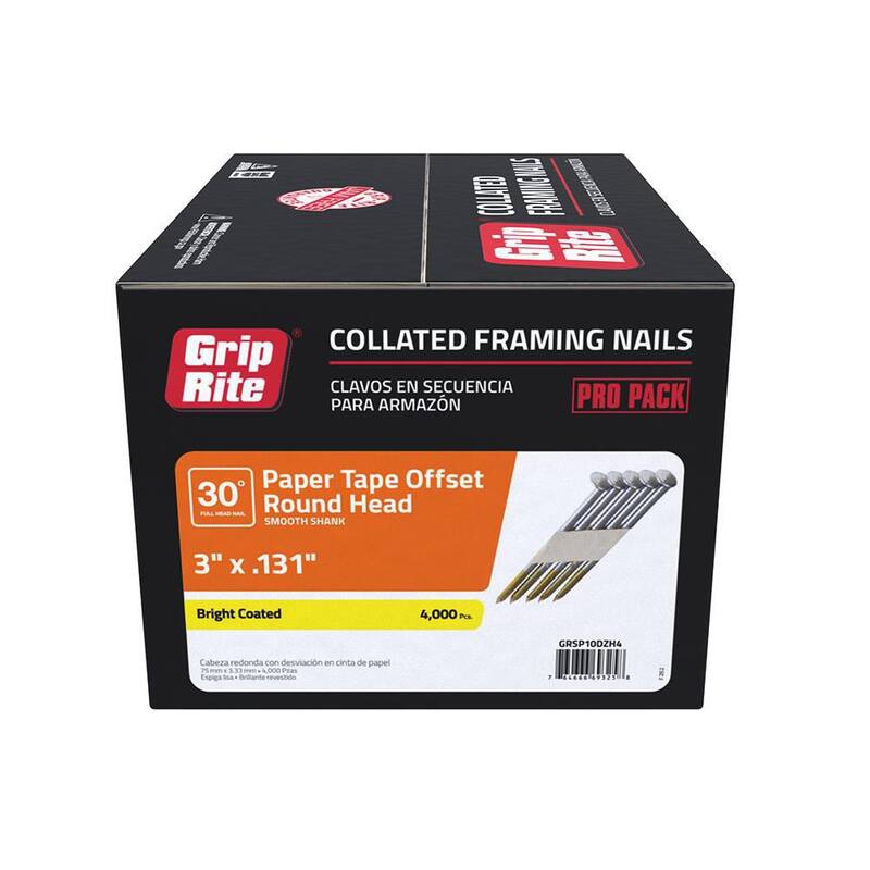 Grip-Rite 3 in. x 0.131 in. 30° Paper Collated Bright Coated Smooth Shank Offset Round Head Nails 4000 per Box - GRSP10DZH4