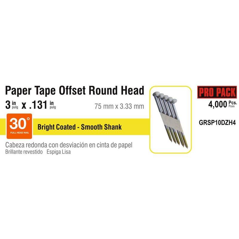 Grip-Rite 3 in. x 0.131 in. 30° Paper Collated Bright Coated Smooth Shank Offset Round Head Nails 4000 per Box - GRSP10DZH4