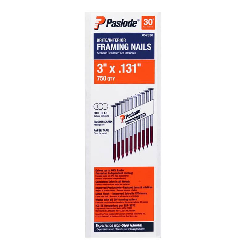 Paslode 3 in. x 0.131 in. Round Drive 30-Degree Steel Brite Smooth Shank Paper Tape Framing Nails (750 Per Box ) - 657830