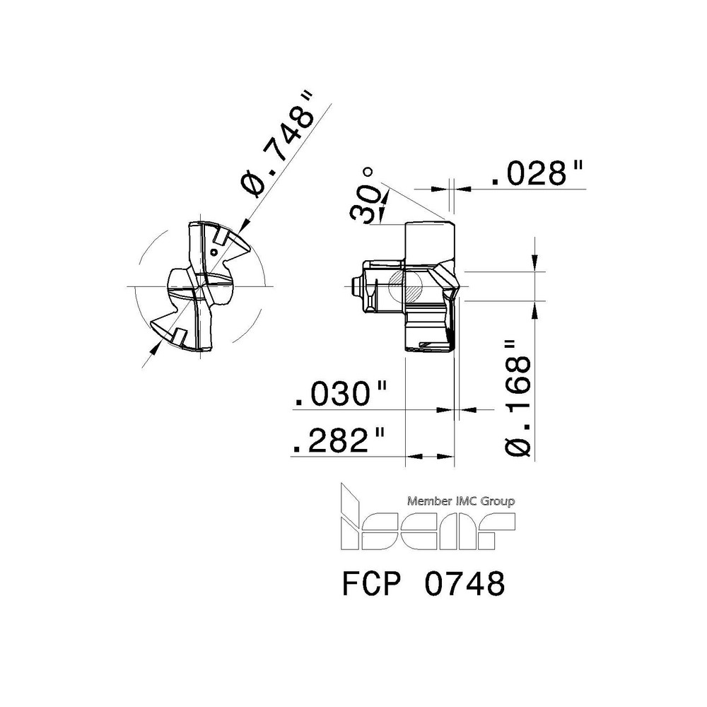 Iscar Replaceable Drill Tips: FCP0748 IC908, 0.7480" Dia, 19.00 mm Dia, 140 deg Point,  IC908 - 5509973