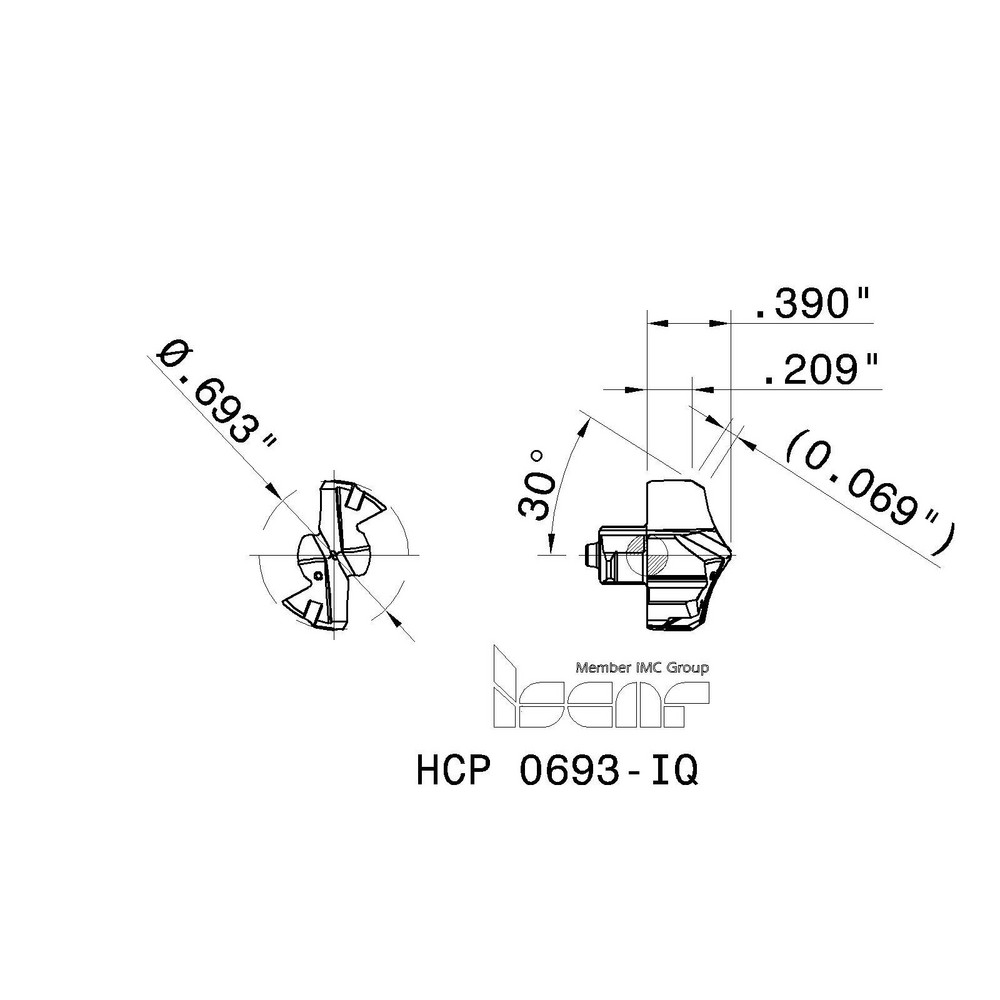 Iscar Replaceable Drill Tips: HCP 0693-IQ IC908, 0.6930" Dia, 17.60 mm Dia, 135 deg Point,  IC908 - 5567999