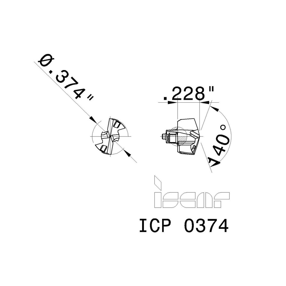 Iscar Replaceable Drill Tips: ICP0374 IC908, 0.3740" Dia, 9.50 mm Dia, 140 deg Point,  IC908 - 5508263