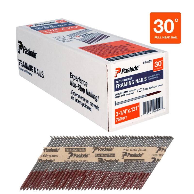 Paslode 3-1/4 in. x 0.131 Round Drive 30-Degree Steel Brite Smooth Shank Paper Tape Framing Nails (750 Per Box ) - 657839