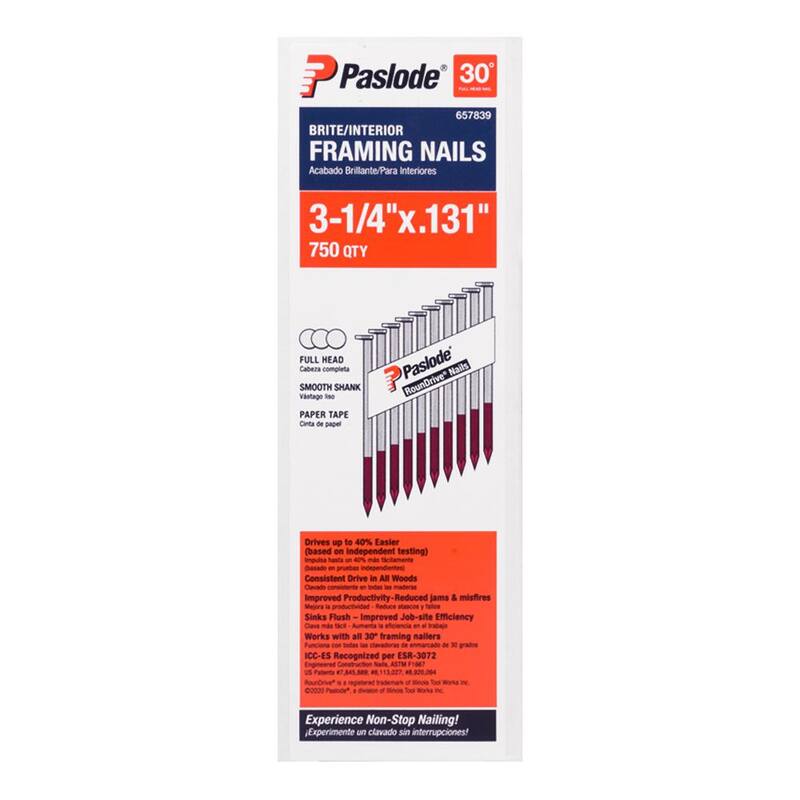 Paslode 3-1/4 in. x 0.131 Round Drive 30-Degree Steel Brite Smooth Shank Paper Tape Framing Nails (750 Per Box ) - 657839