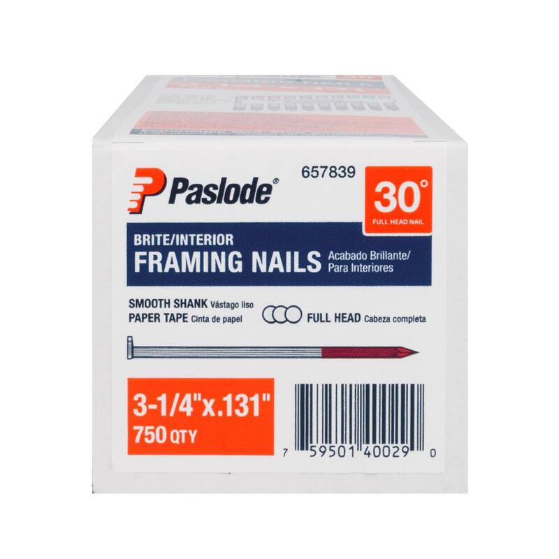 Paslode 3-1/4 in. x 0.131 Round Drive 30-Degree Steel Brite Smooth Shank Paper Tape Framing Nails (750 Per Box ) - 657839