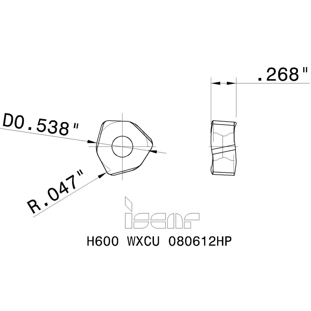Iscar Milling Insert: ANSI H600 WXCU 080612HP IC882, ISO H600 WXCU 080612HP, IC882, Solid Carbide - 3309415