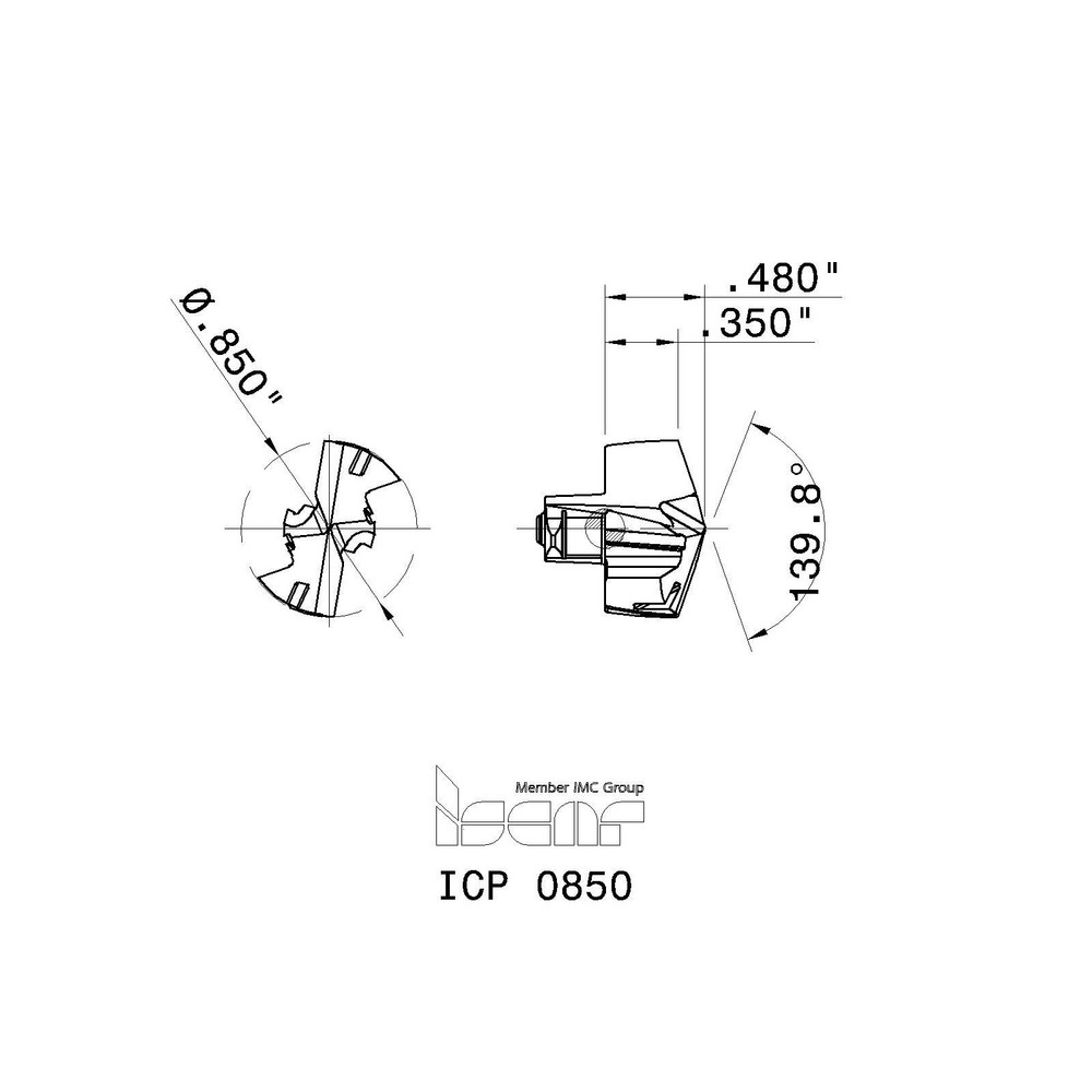 Iscar Replaceable Drill Tips: ICP0850 IC908, 0.8500" Dia, 21.59 mm Dia, 140 deg Point,  IC908 - 5509111