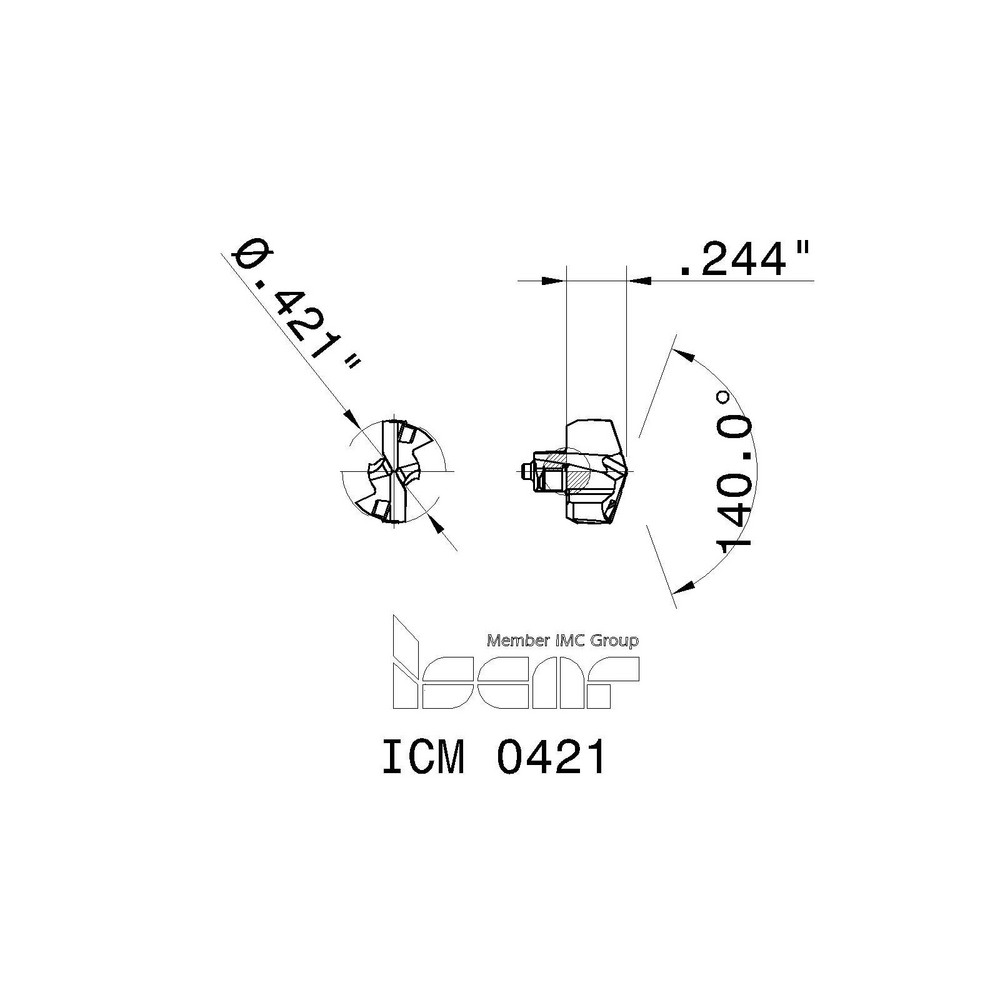 Iscar Replaceable Drill Tips: ICM 0421, 0.4216" Dia, 10.71 mm Dia, 140 deg Point,  IC908 - 5508377