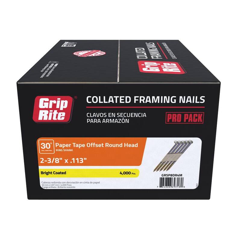 Grip-Rite 2-3/8 in x .113 in 30° Paper Collated Bright Coated Offset Round Head Ring Shank Round Head Framing Nails 4000 per Box - GRSP8DR4M