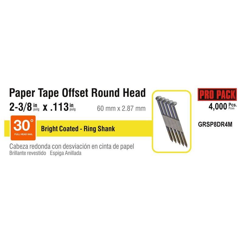 Grip-Rite 2-3/8 in x .113 in 30° Paper Collated Bright Coated Offset Round Head Ring Shank Round Head Framing Nails 4000 per Box - GRSP8DR4M