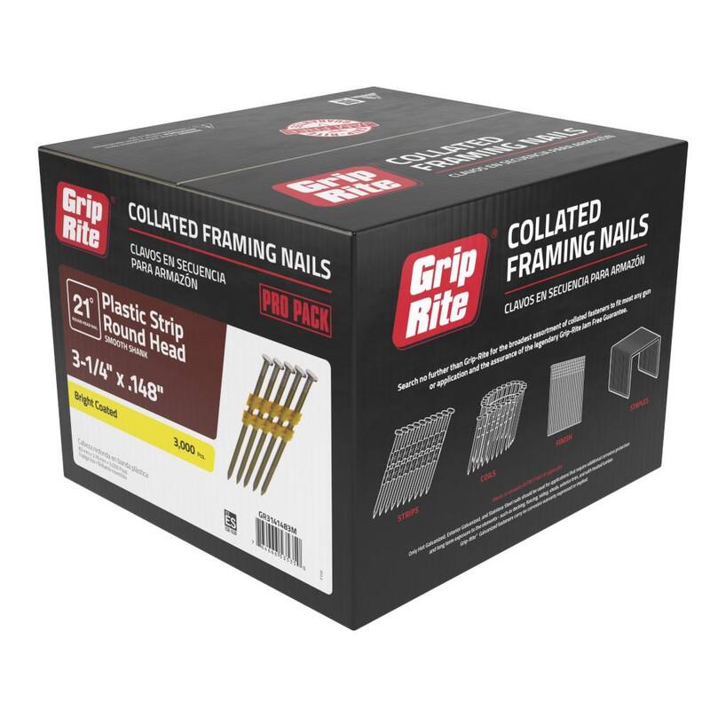 Grip-Rite 3-1/4 in. x 0.148 in. 21° Plastic Collated Bright Coated Smooth Shank Round Head Framing Nails 3000 per Box - GR3141483M
