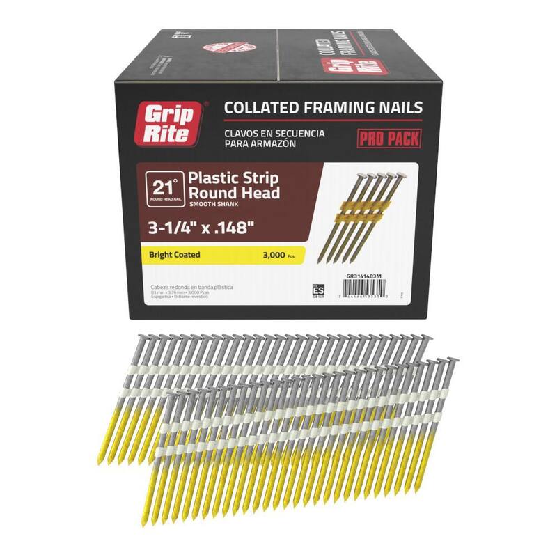 Grip-Rite 3-1/4 in. x 0.148 in. 21° Plastic Collated Bright Coated Smooth Shank Round Head Framing Nails 3000 per Box - GR3141483M