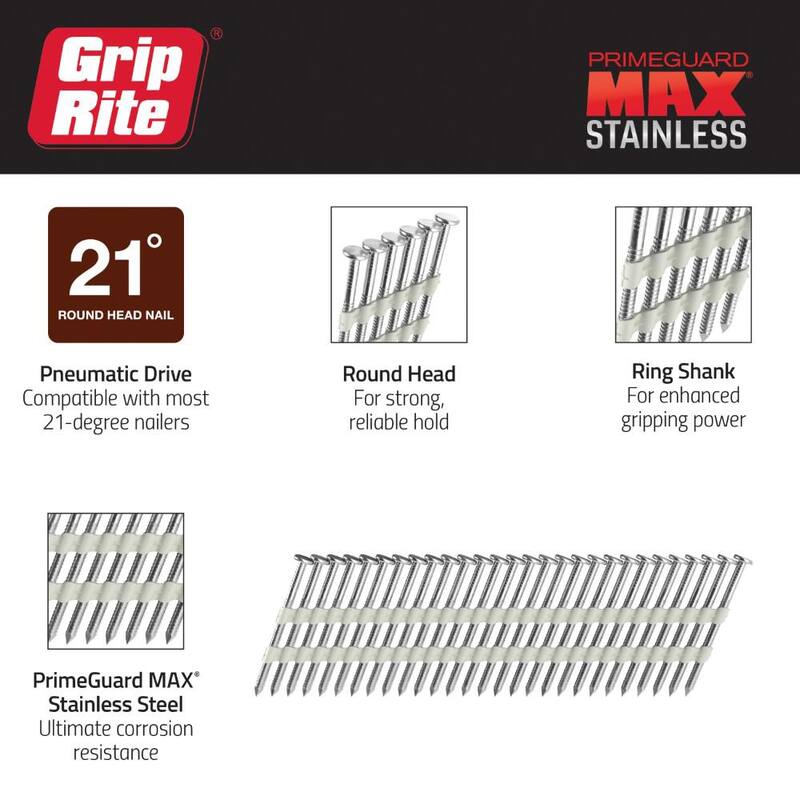 Grip-Rite 2-3/8 in x .120 in 21° Plastic Collated 316 Stainless Steel Ring Shank Round Checkered Head Framing Nails 1000 per Box - MAXC62887