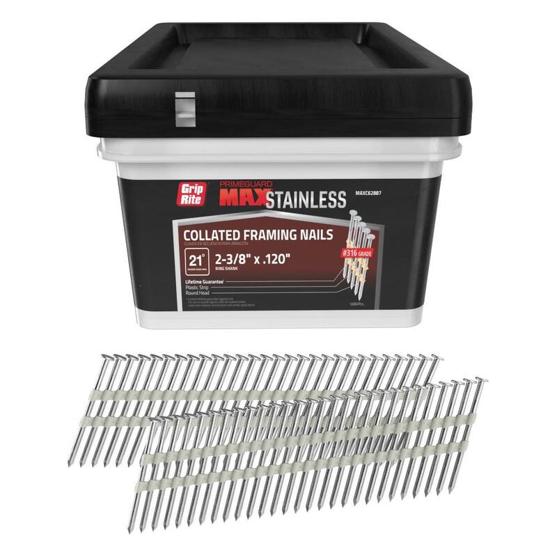 Grip-Rite 2-3/8 in x .120 in 21° Plastic Collated 316 Stainless Steel Ring Shank Round Checkered Head Framing Nails 1000 per Box - MAXC62887