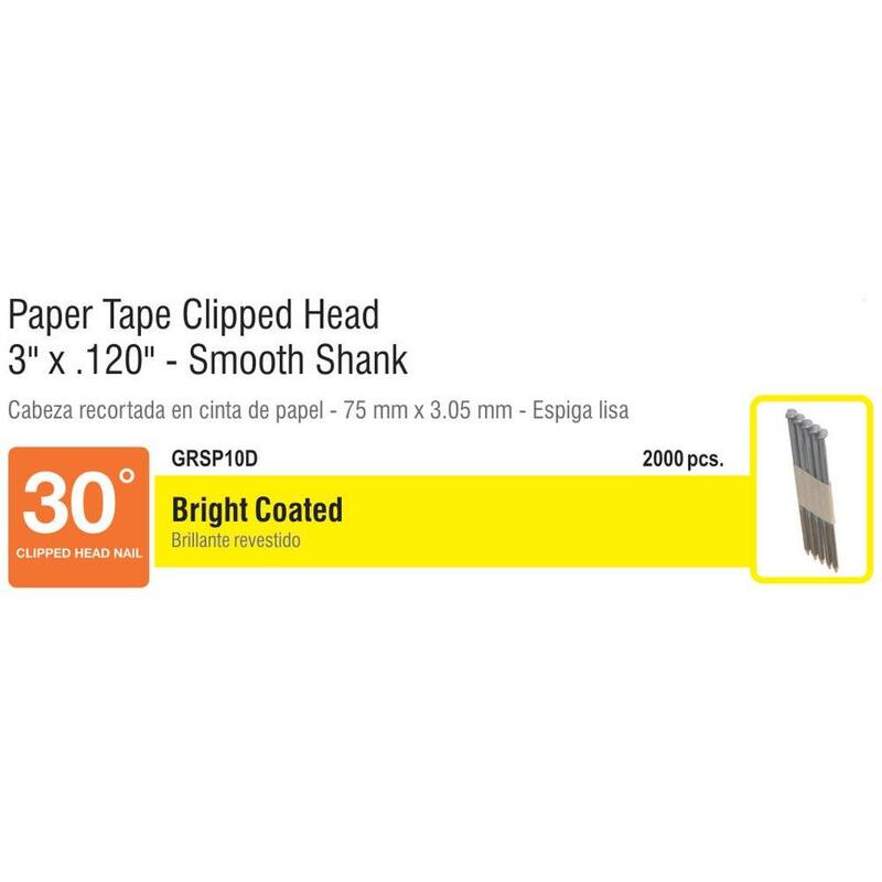 Grip-Rite 3 in. x 0.120 in. 30° Paper Collated Bright Coated Smooth Shank Clip-Head Framing Nails 2000 per Box - GRSP10D
