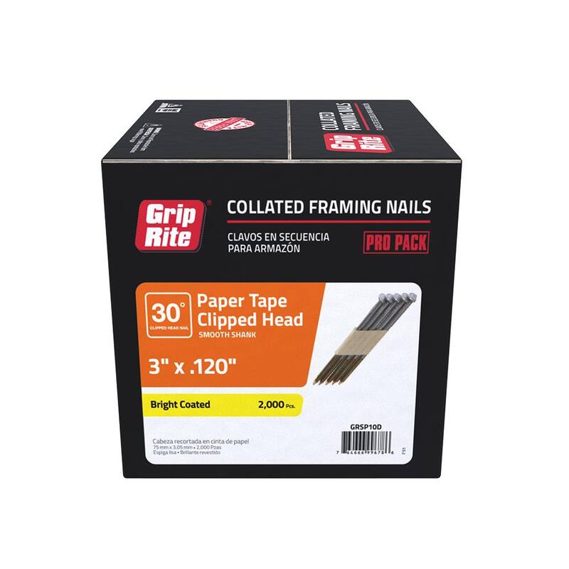 Grip-Rite 3 in. x 0.120 in. 30° Paper Collated Bright Coated Smooth Shank Clip-Head Framing Nails 2000 per Box - GRSP10D
