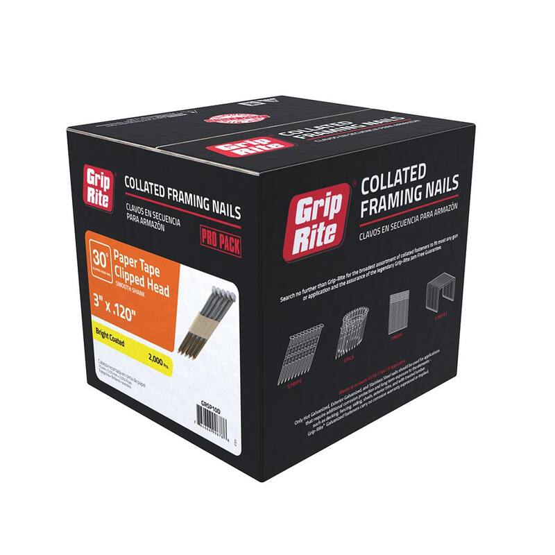 Grip-Rite 3 in. x 0.120 in. 30° Paper Collated Bright Coated Smooth Shank Clip-Head Framing Nails 2000 per Box - GRSP10D