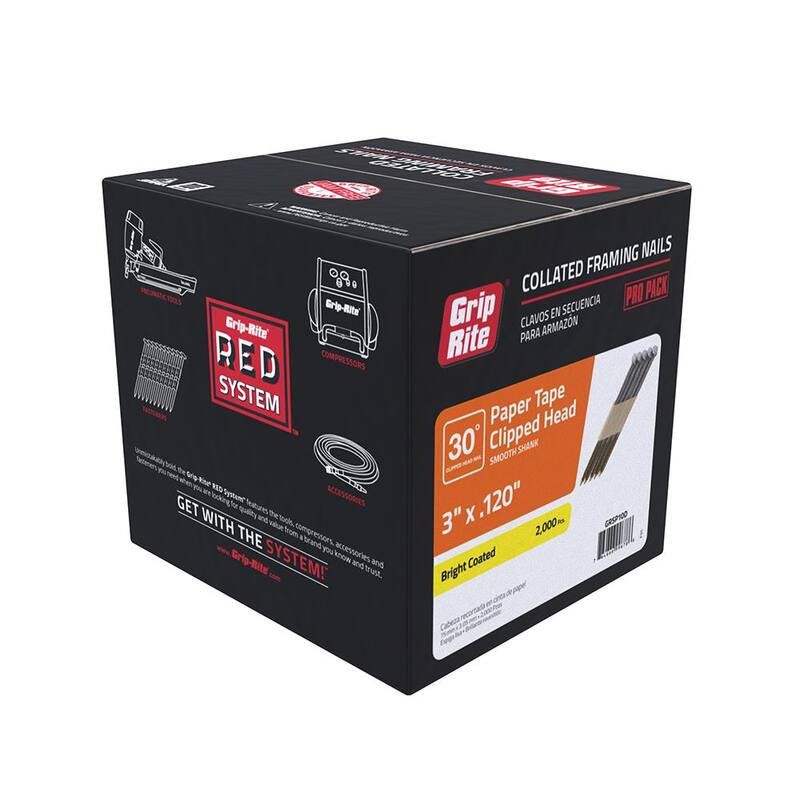 Grip-Rite 3 in. x 0.120 in. 30° Paper Collated Bright Coated Smooth Shank Clip-Head Framing Nails 2000 per Box - GRSP10D