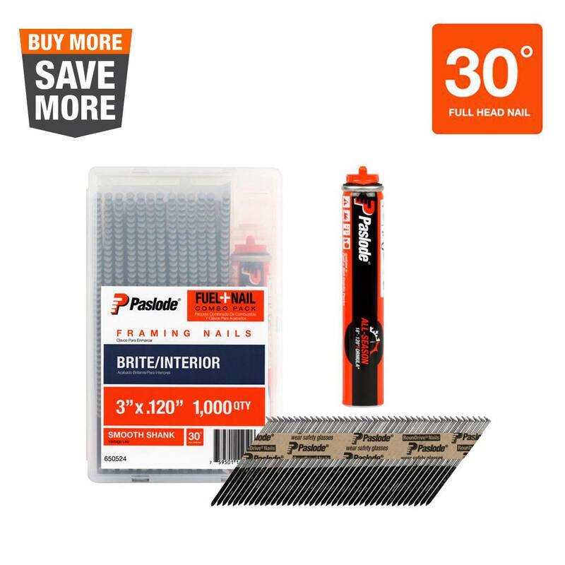 Paslode 3 in. x 0.120-Gauge Brite Smooth Shank FUEL + NAIL Pack (1,000 Nails + 1 Fuel Cell) - 650524