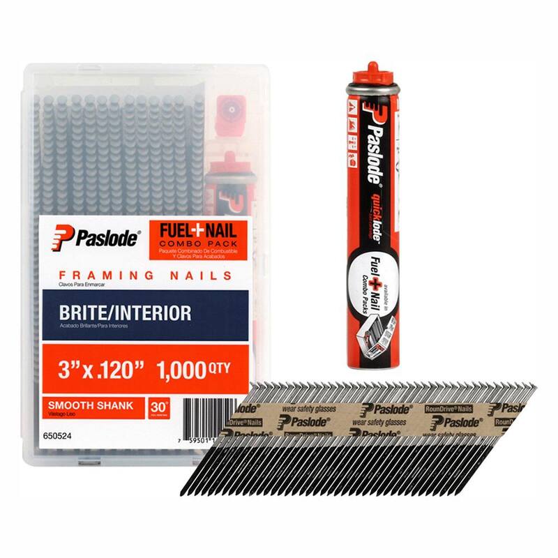 Paslode 3 in. x 0.120-Gauge Brite Smooth Shank FUEL + NAIL Pack (1,000 Nails + 1 Fuel Cell) - 650524