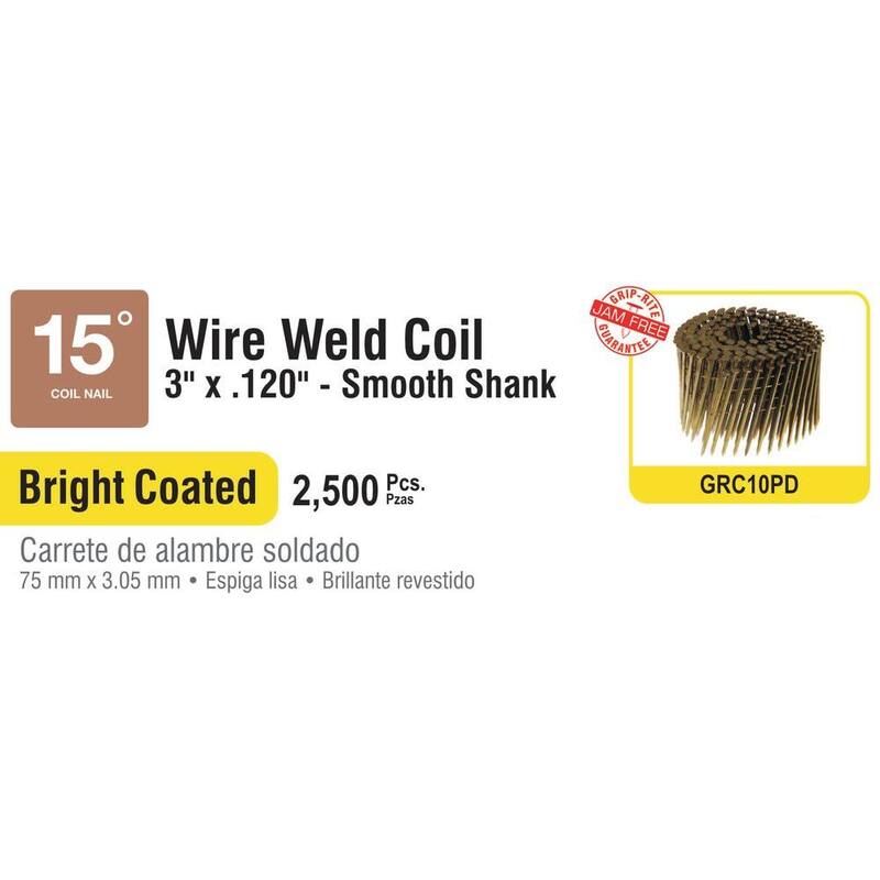 Grip-Rite 3 in. x 0.120 in. 15° Wire Collated Bright Coated Smooth Shank Framing Nails 2500 per Pack - GRC10PD