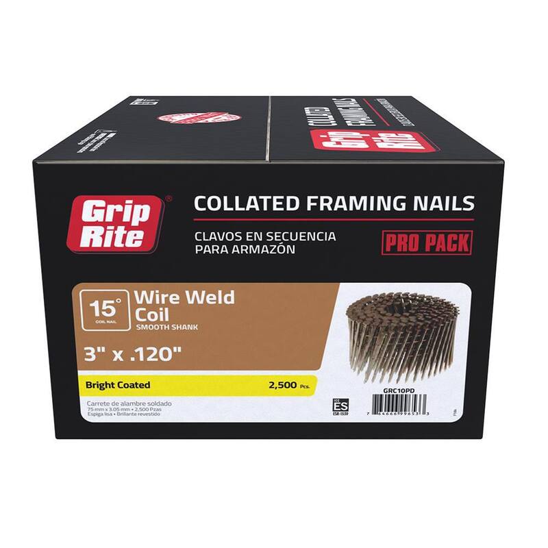 Grip-Rite 3 in. x 0.120 in. 15° Wire Collated Bright Coated Smooth Shank Framing Nails 2500 per Pack - GRC10PD