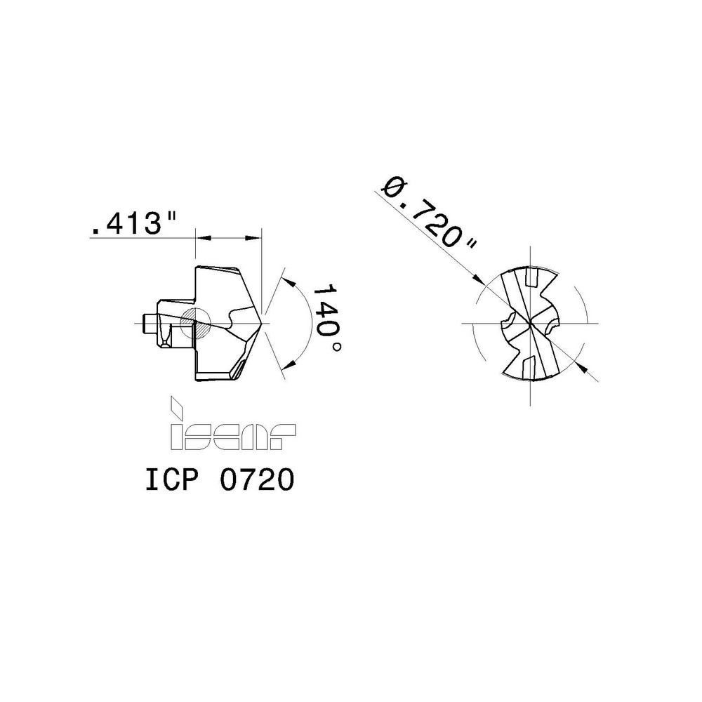 Iscar Replaceable Drill Tips: ICP0720 IC908, 0.7200" Dia, 18.29 mm Dia, 140 deg Point,  IC908 - 5508598