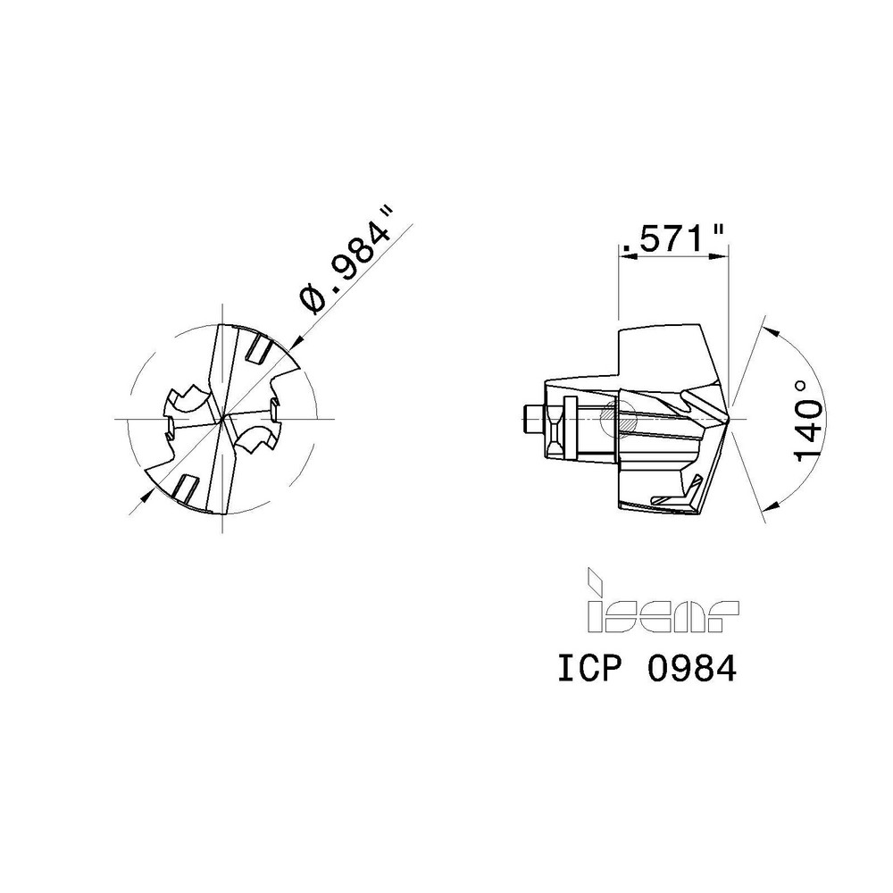 Iscar Replaceable Drill Tips: ICP0984 IC908, 0.9840" Dia, 24.99 mm Dia, 140 deg Point,  IC908 - 5508510