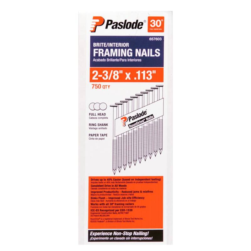 Paslode 2-3/8 in. x 0.113 Round Drive 30-Degree Steel Brite Ring Shank Paper Tape Framing Nails (750 per Box ) - 657603