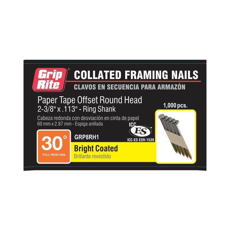 Grip-Rite 2-3/8 in. x 0.113 in. 30° Paper Collated Bright Coated Ring Shank Offset Round Head Framing Nails 1000 per Box - GRP8RH1