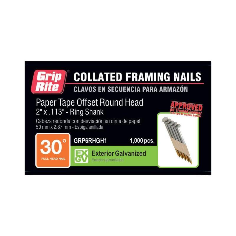 Grip-Rite 2 in. x 0.113 in. 30° Paper Collated Exterior Galvanized Offset Round Head Ring Shank Framing Nails 1000 per Box - GRP6RHGH1