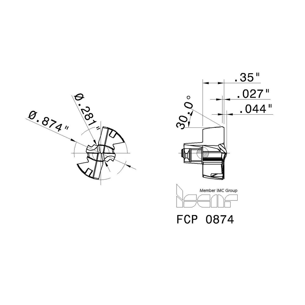 Iscar Replaceable Drill Tips: FCP0874 IC908, 0.8747" Dia, 22.22 mm Dia, 140 deg Point,  IC908 - 5568181