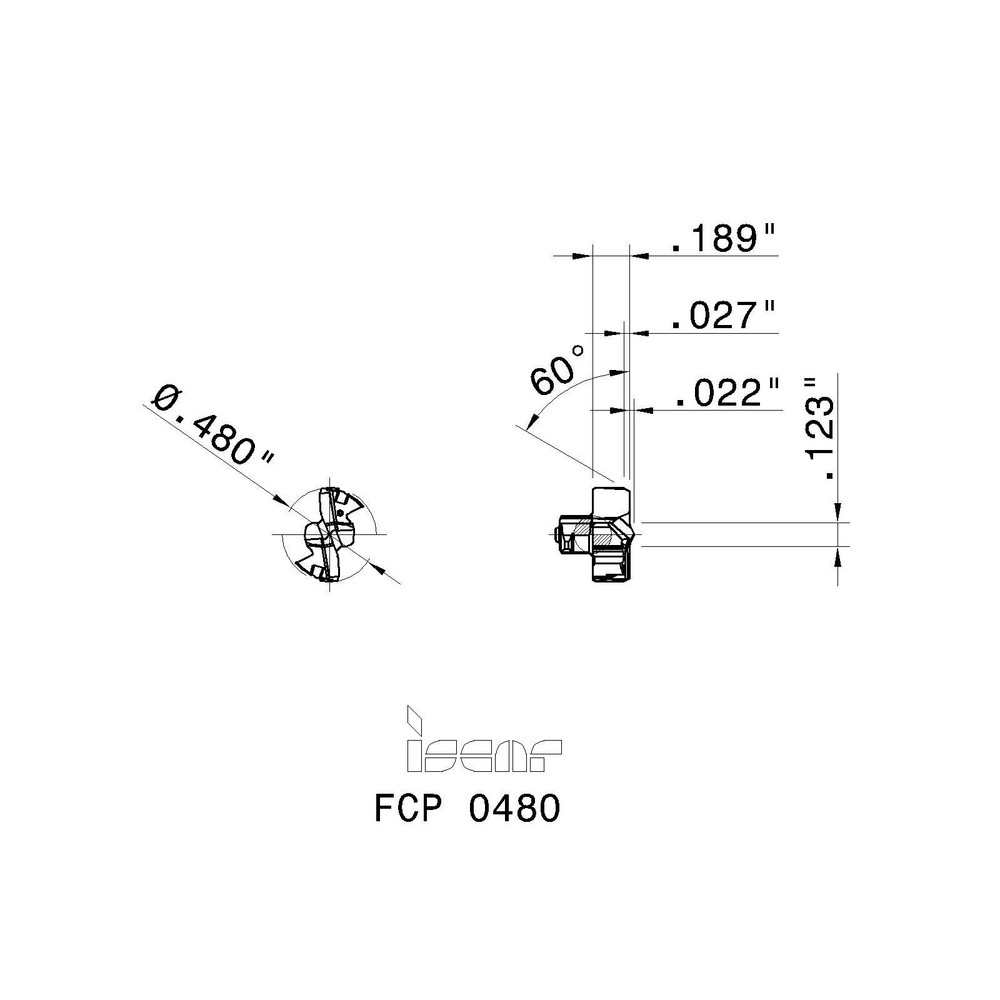 Iscar Replaceable Drill Tips: FCP0480 IC908, 0.4800" Dia, 12.19 mm Dia, 140 deg Point,  IC908 - 5568103