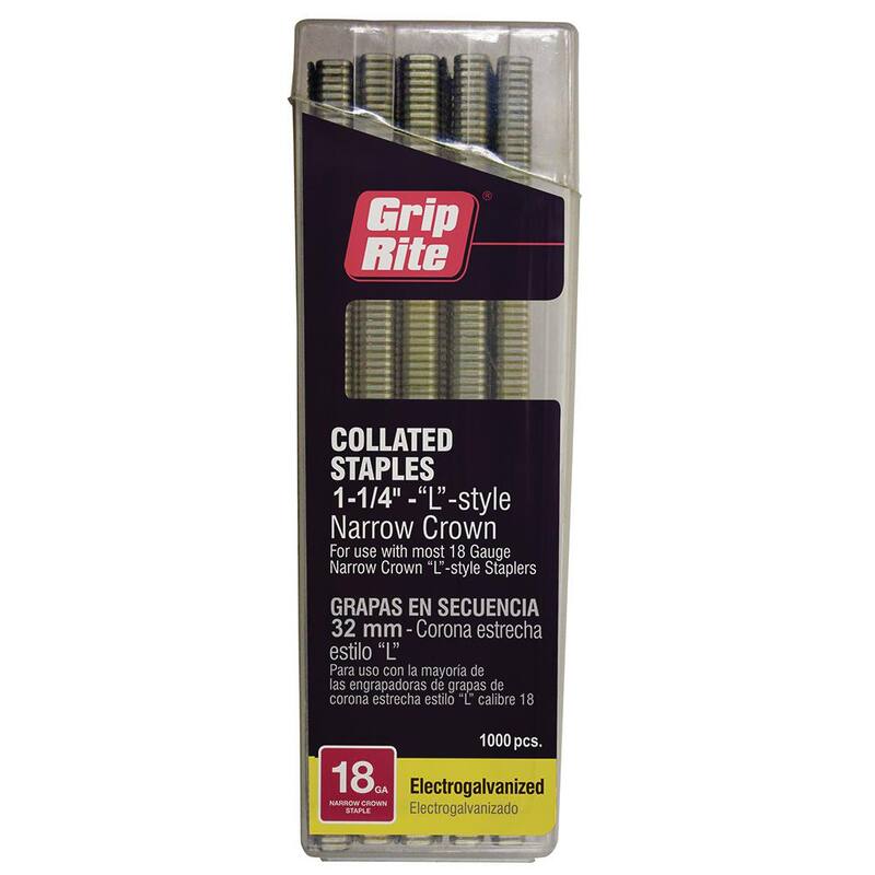 Grip-Rite 1-1/4 in. x 18-Gauge Adhesive Collated Electrogalvanized L-Style Narrow Crown Staples 1000 per Box - GRL15M