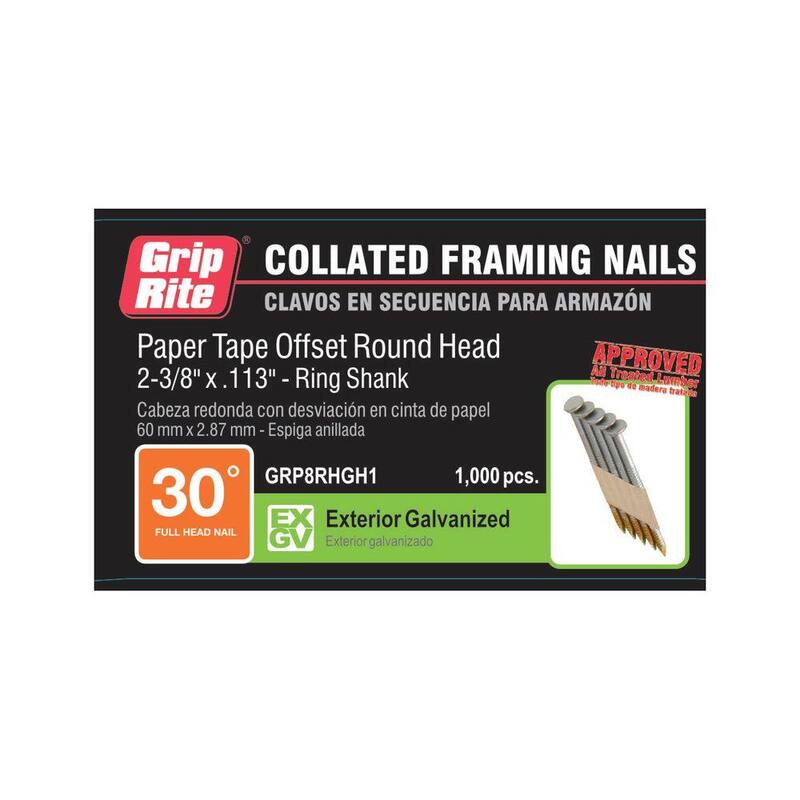 Grip-Rite 2-3/8 in. x 0.113 in. 30° Paper Collated Exterior Galvanized Offset Round Head Ring Shank Framing Nails 1000 per Box - GRP8RHGH1
