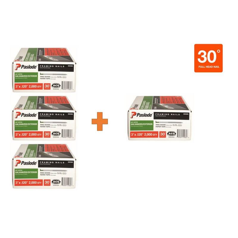Paslode 3 in. x 0.120-Gauge Galvanized Ring Shank 30° Paper Tape Framing Nails Combo (4 Boxes of Nails, 2000 Nails per Box) - 9996